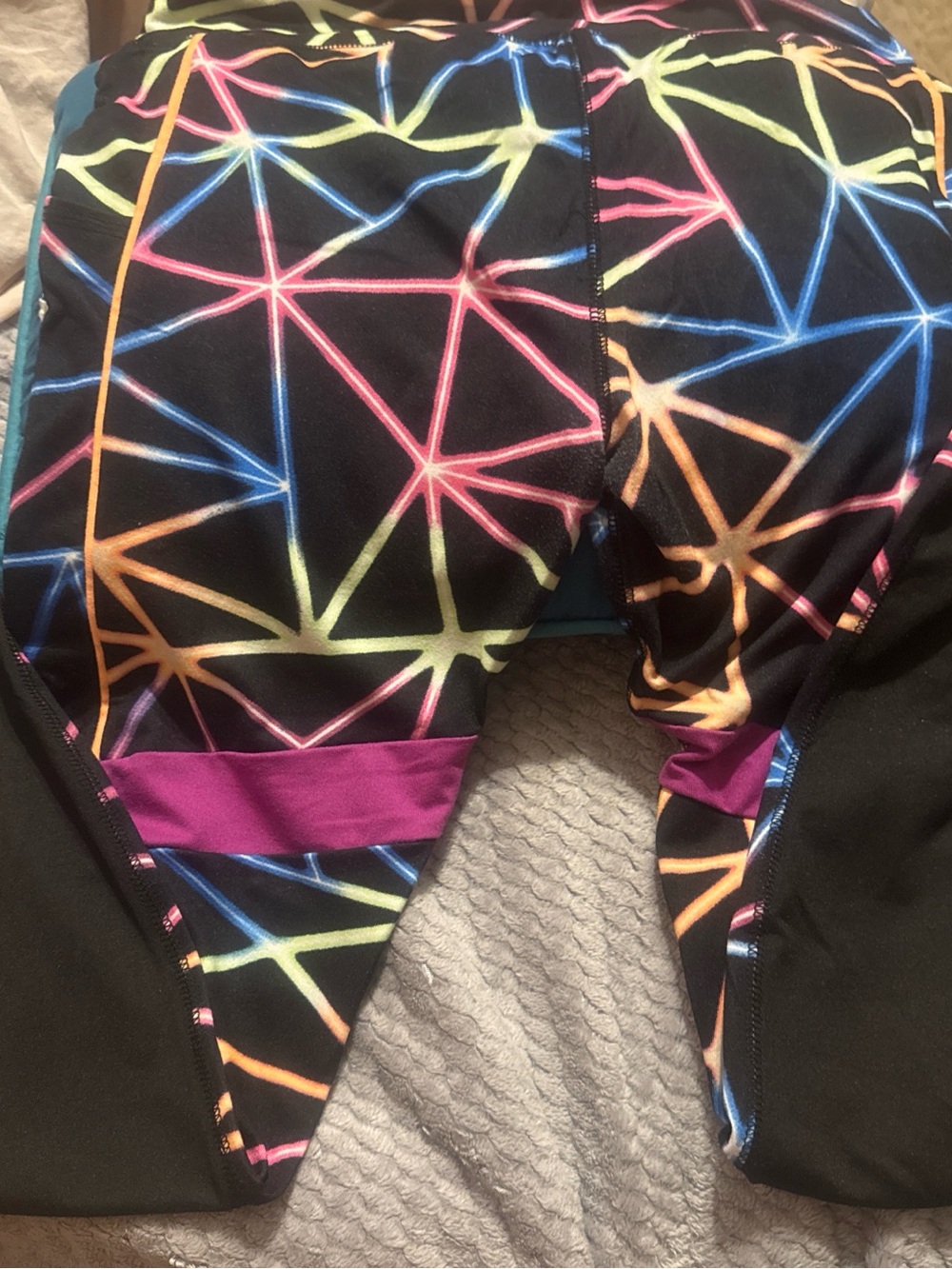 Justice Girls Black Leggings with Neon Geometric Print and Purple Accents